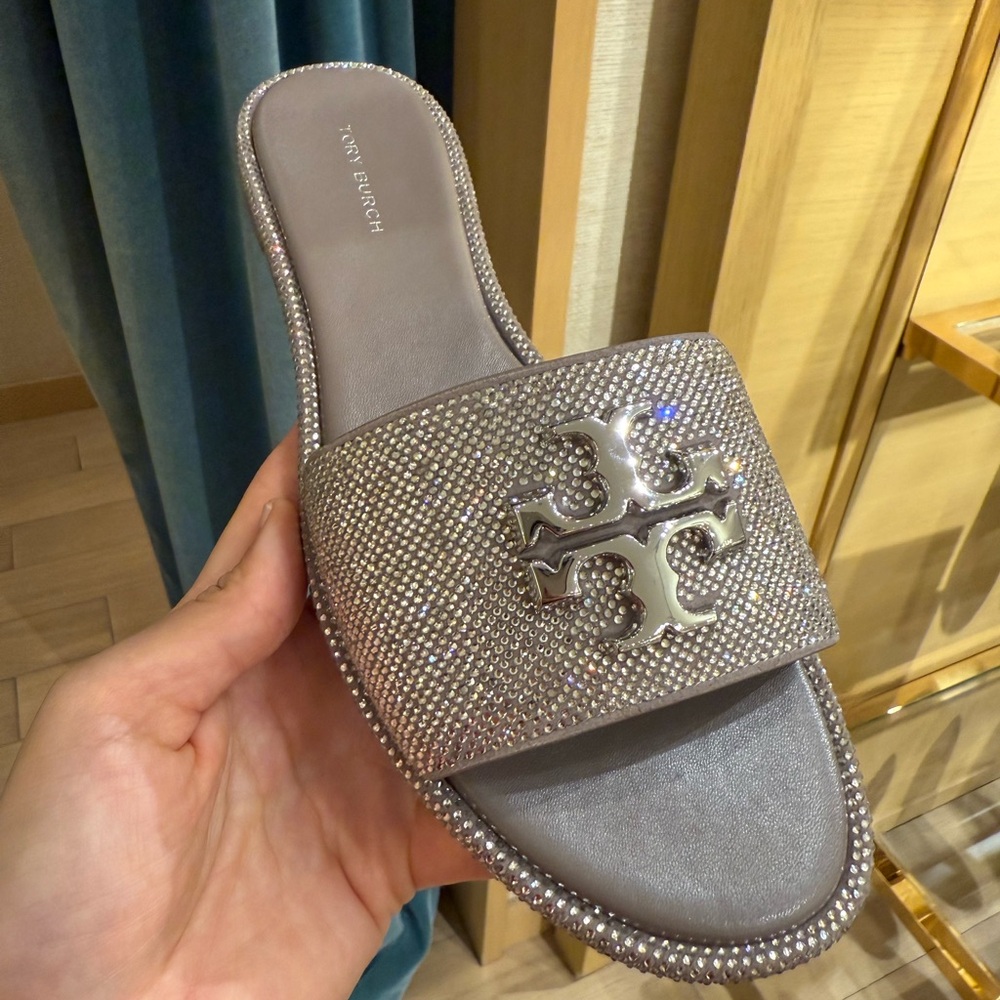Tory Burch Everly Rhinestone Slides, Darkclay / Crystal‎ / Silver